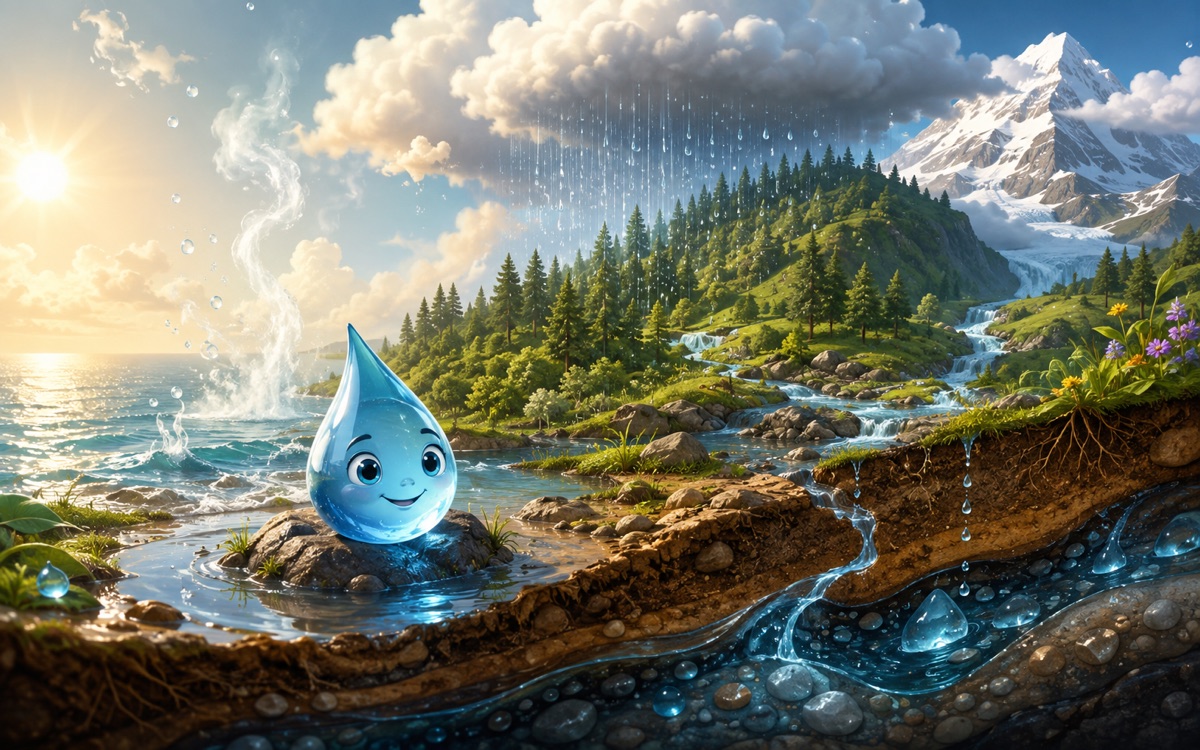 A water droplet explores clouds, rainfall, a stream and water beneath a hillside