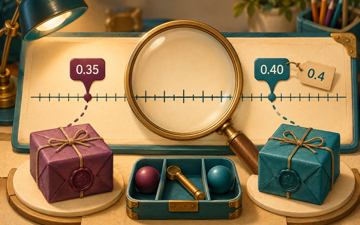 A magnified number line and parcels compare decimal values