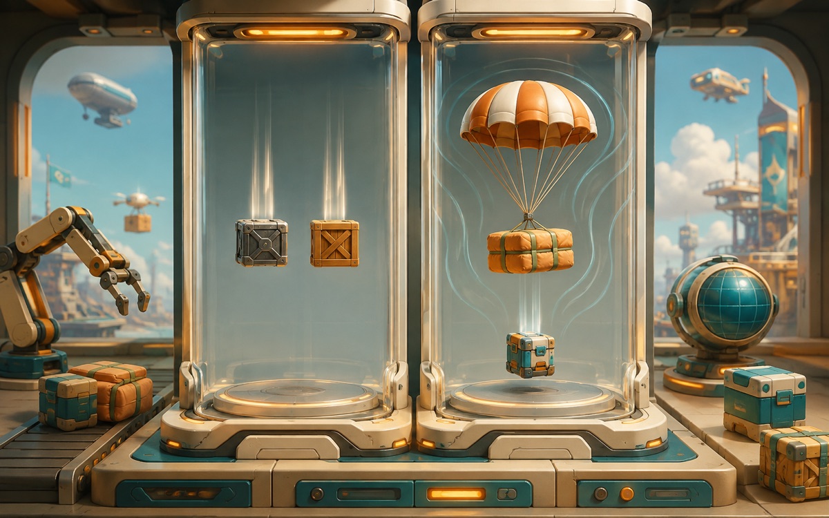 Two test chambers compare falling parcels with and without air resistance