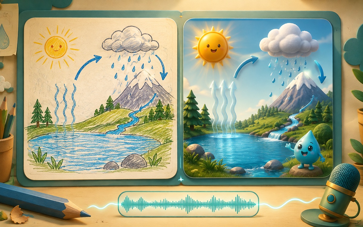 A learner's drawn water cycle sits beside its animated interpretation
