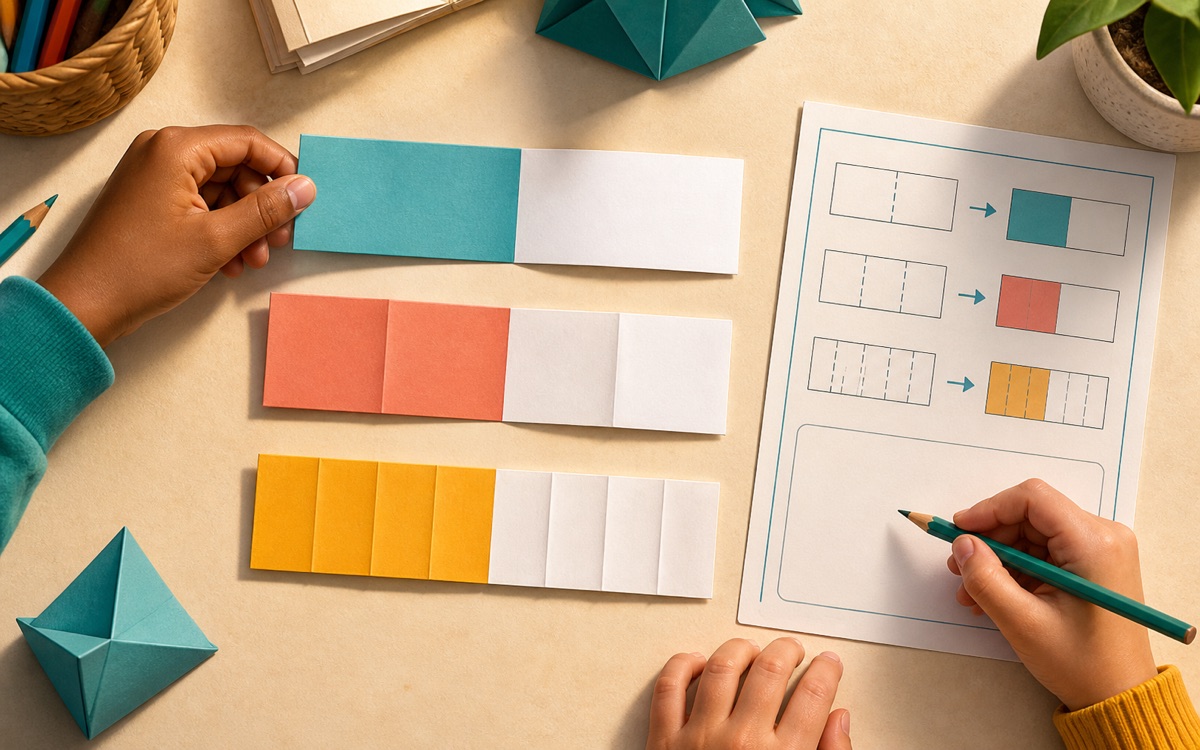 Hands fold and shade equal paper strips beside a printable fraction activity