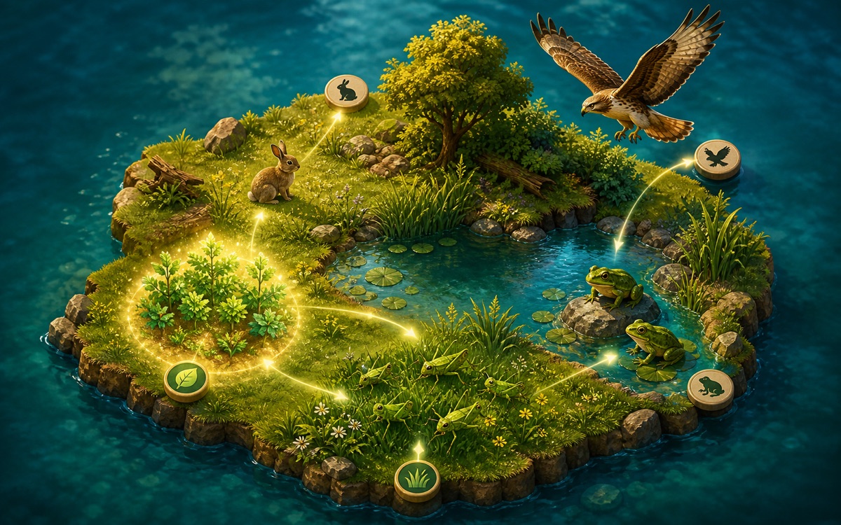 Plants and animals form a connected food web on a miniature island