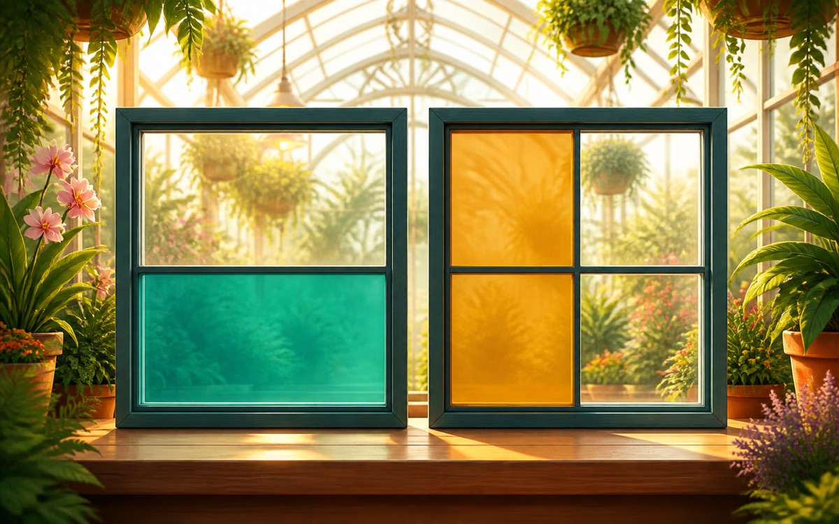 Partitioned glass panels compare shaded fractions in a sunlit glasshouse