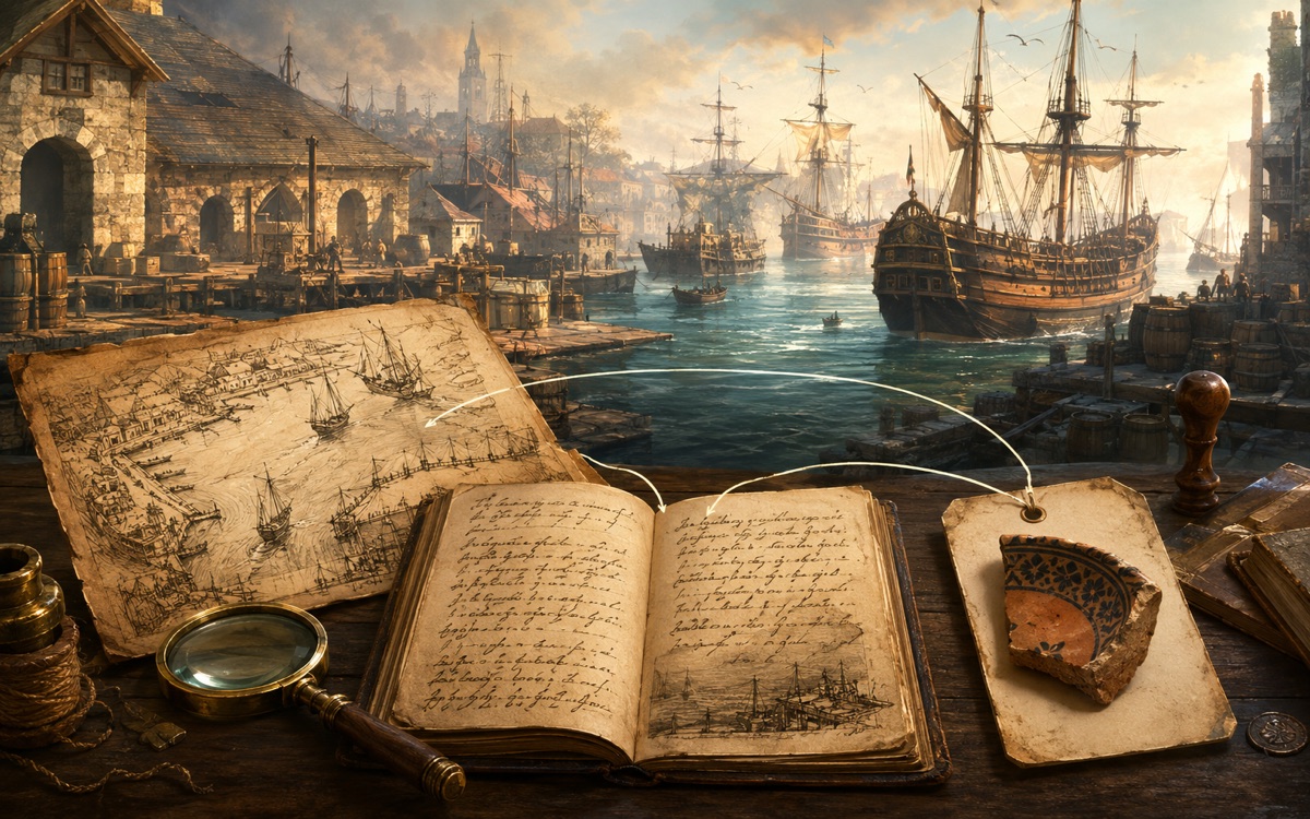 A harbour reconstruction rises behind a desk of maps, accounts and an object record