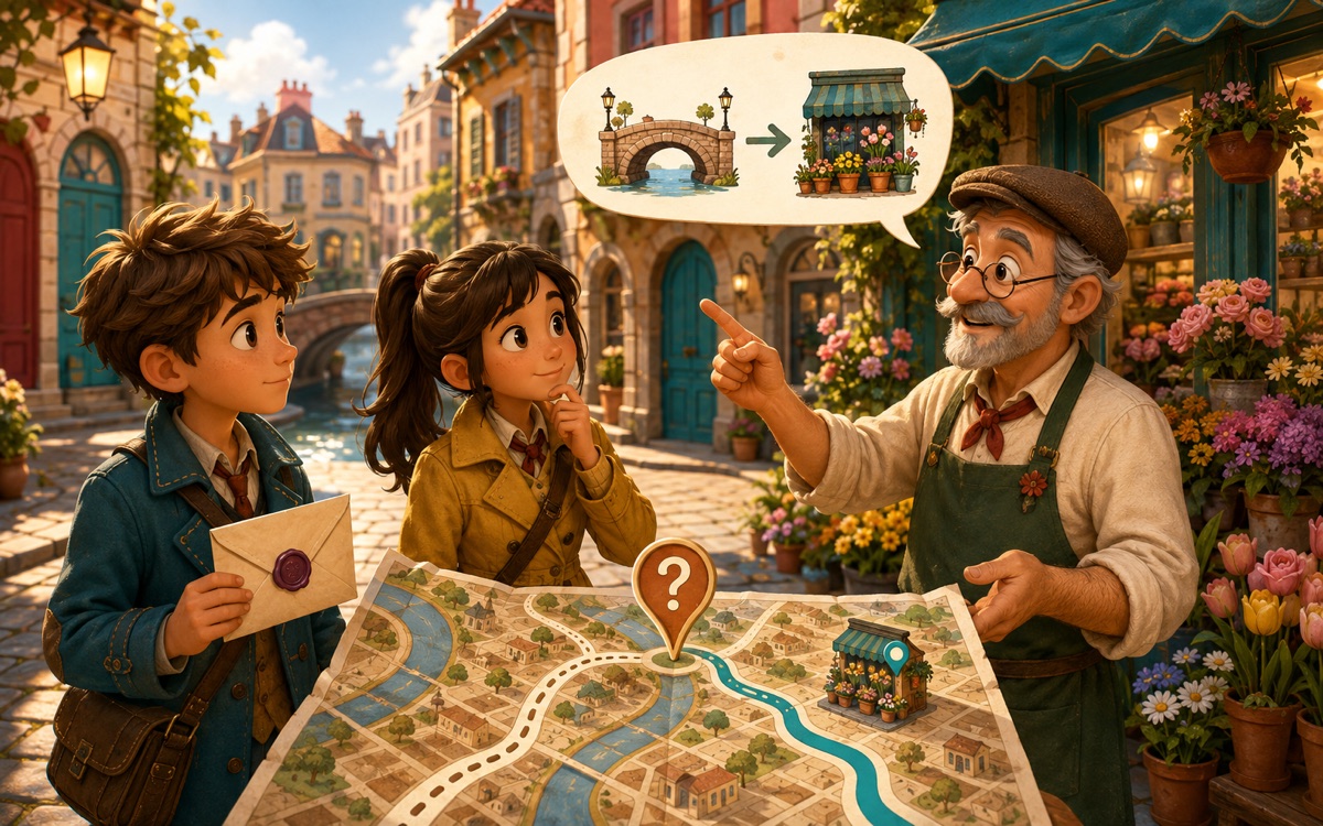 Young detectives use an invitation, pictorial directions and a map in a colourful town