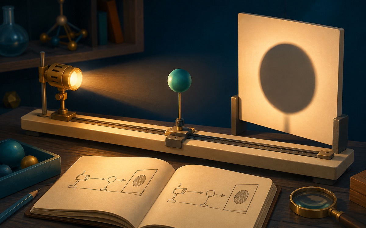 A lamp and small sphere cast an enlarged shadow onto a laboratory screen