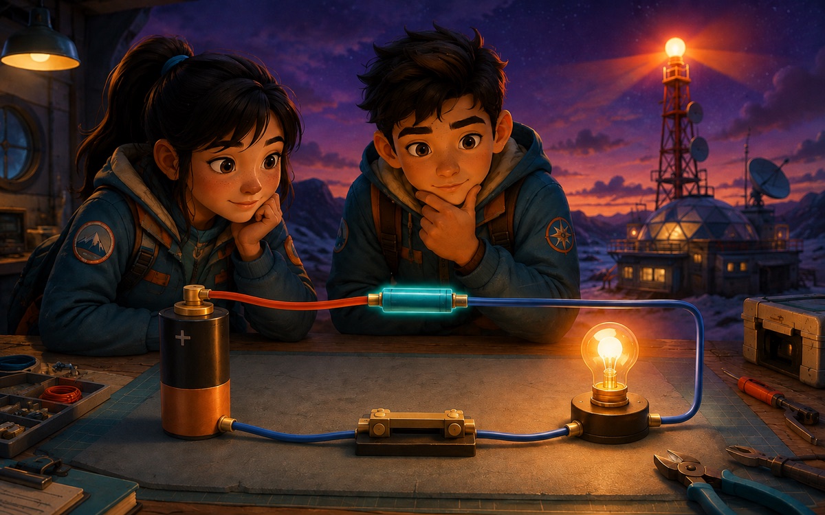 A science crew repairs a circuit to restore a research station's beacon