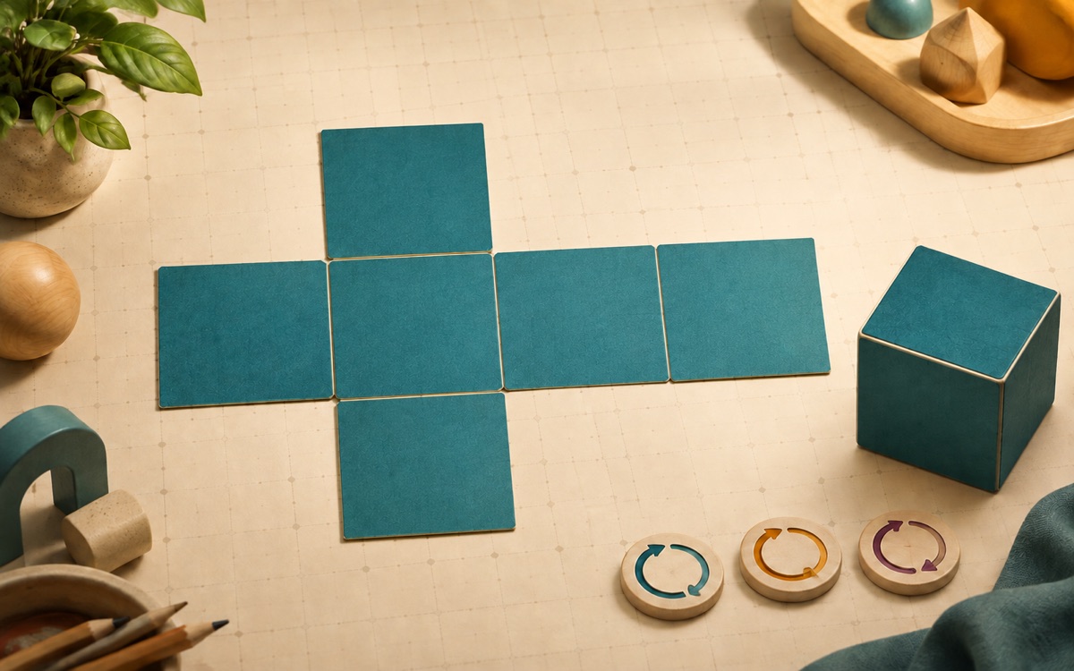 A flat teal six-square cube net sits beside its assembled cube