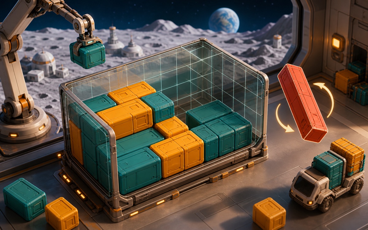 Rectangular supply crates are rotated into a transparent gridded space-colony cargo bay