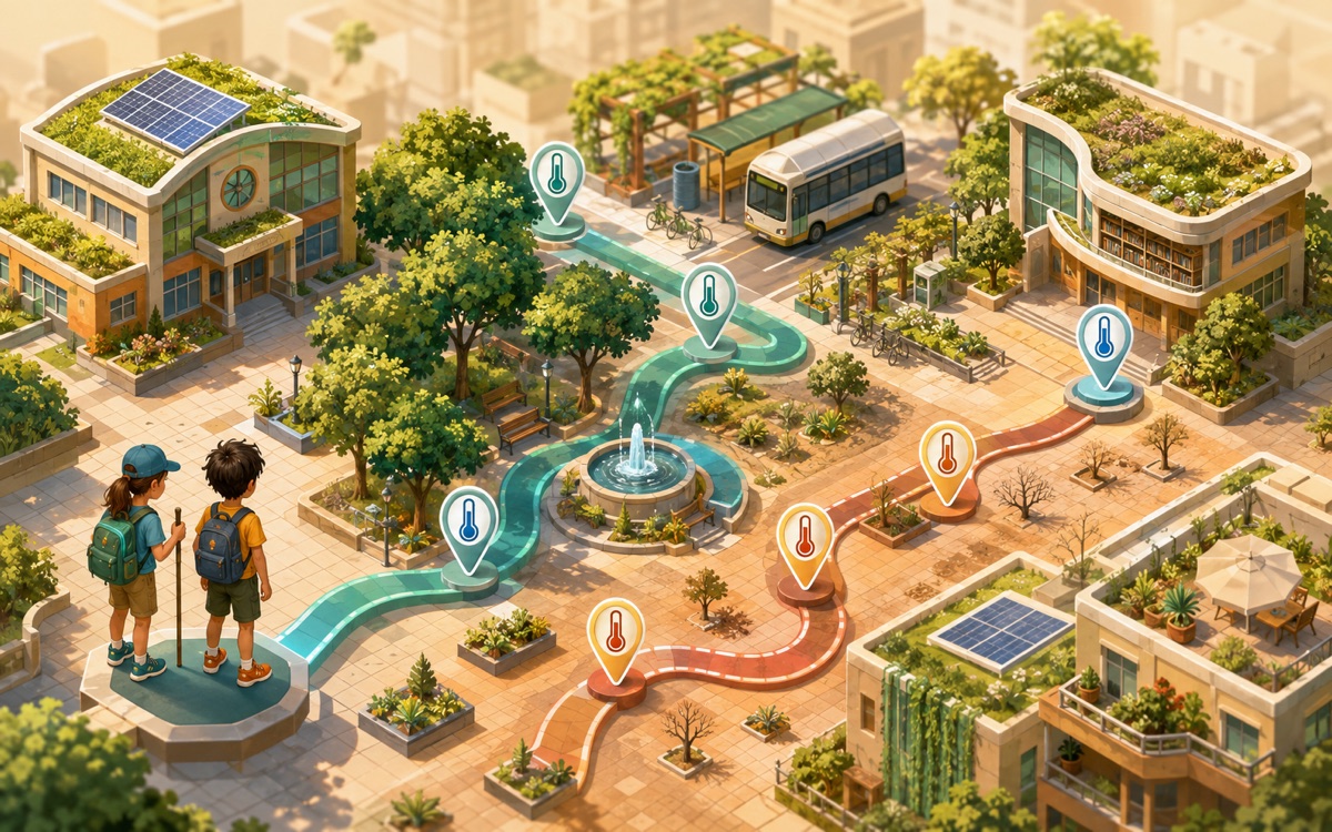 A miniature city compares a shaded walking route with a sunny paved route