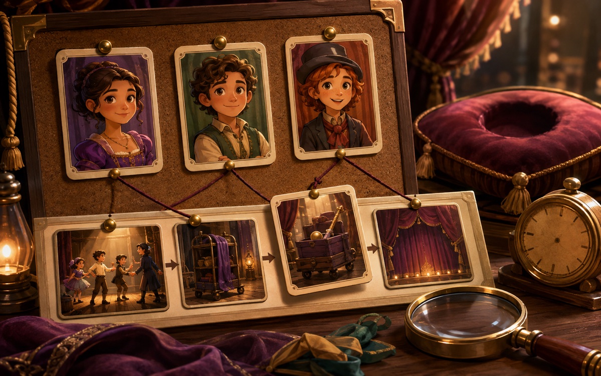 Theatre witness cards and pictured events are arranged on a mystery timeline