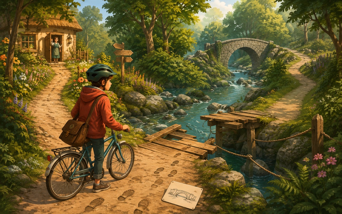 A young messenger examines a broken bridge and two possible woodland routes