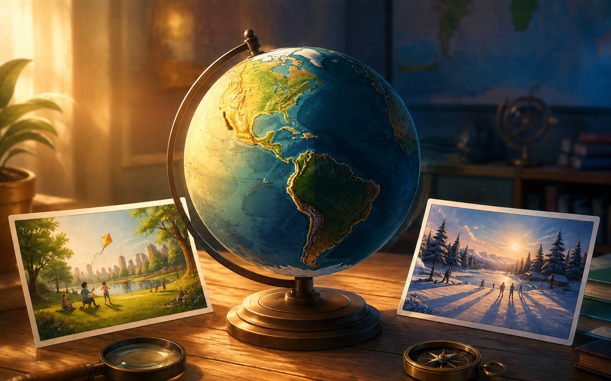 A partly sunlit globe stands between summer and winter postcards