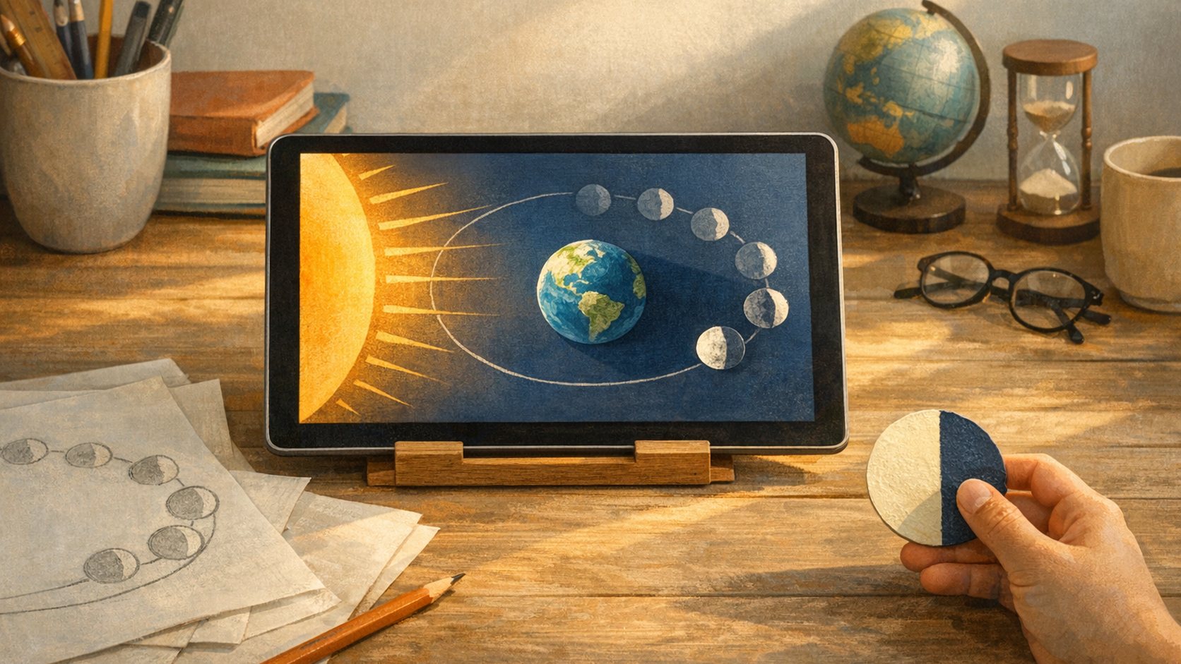 A tablet shows sunlight falling on Earth and a Moon drawn at several points of its orbit, beside pencilled orbit sketches and a hand holding a half-painted paper moon.