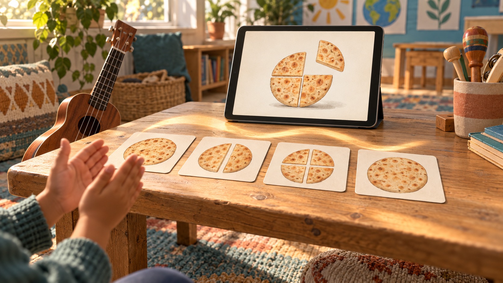 Bir çocuğun el çırpan elleri, dörde bölünmüş yassı ekmeği gösteren bir tablet ve bütünden yarımlara, çeyreklere ve yeniden bütüne giden kartlar; yanda bir ukulele.