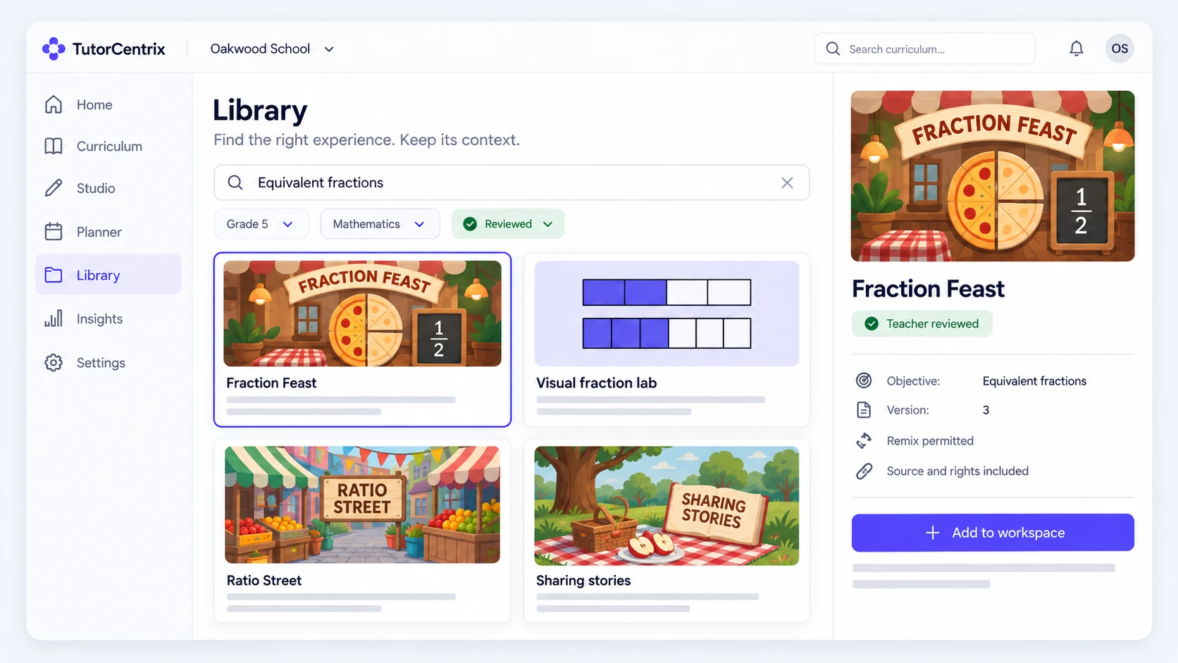 A proposed Library interface displays learning experiences alongside the selected resource’s objective, review status, version, and reuse rights.