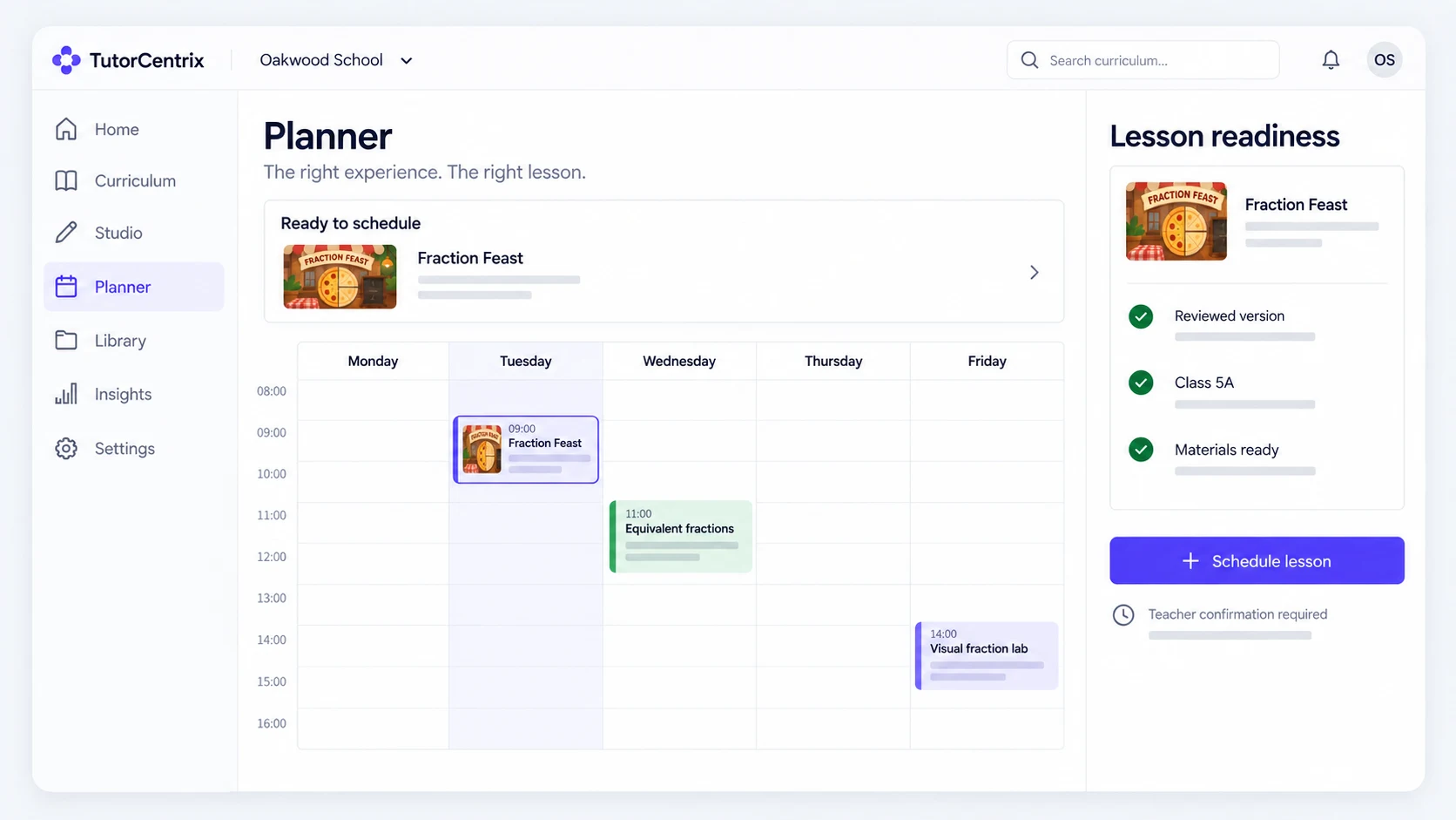 A proposed weekly Planner shows a selected Fraction Feast lesson and a readiness panel with reviewed version, class, materials, and teacher confirmation.