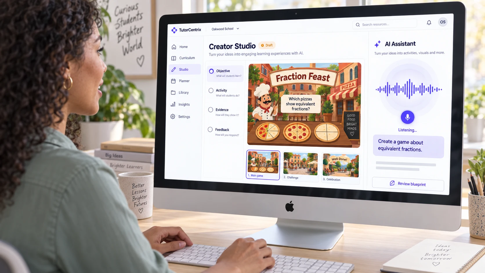 A teacher uses an imagined TutorCentrix Creator Studio on a Mac to describe a fractions game while the AI assistant listens in voice mode. The experience remains a draft.
