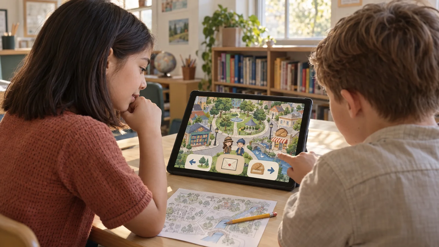 Two children discuss a colourful detective town-map game on a tablet.