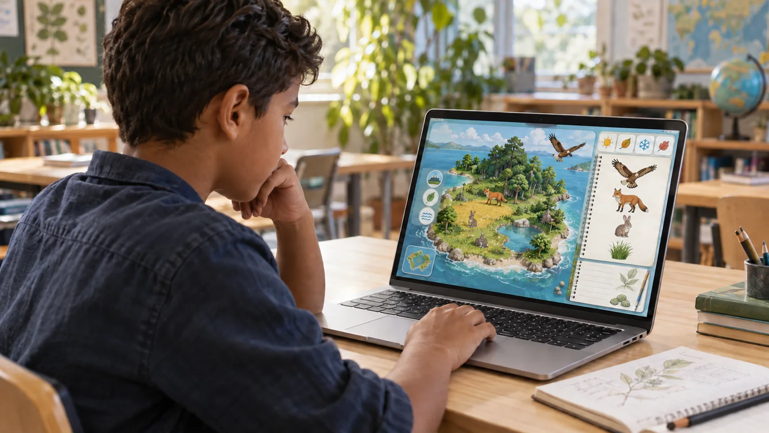 A learner investigates a miniature island food-web simulation on a laptop.