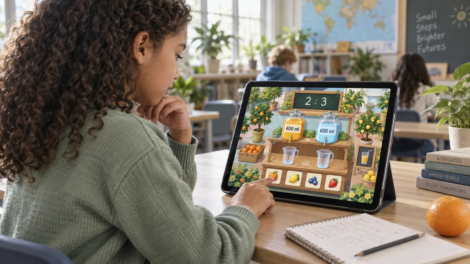 A child explores a colourful fruit-drink kitchen game on a tablet at a classroom table.