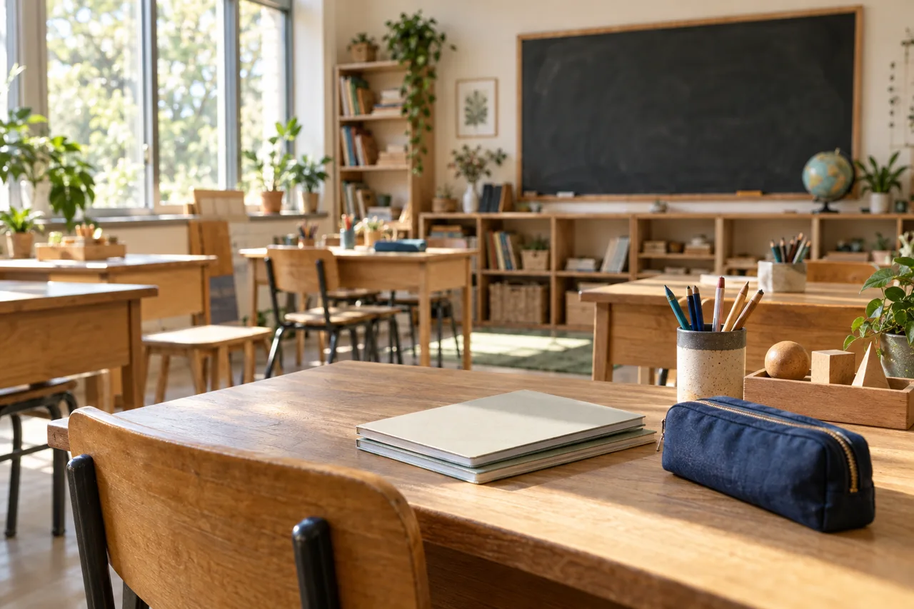 An illustrated school setting with wooden desks, exercise books, and daylight through classroom windows.