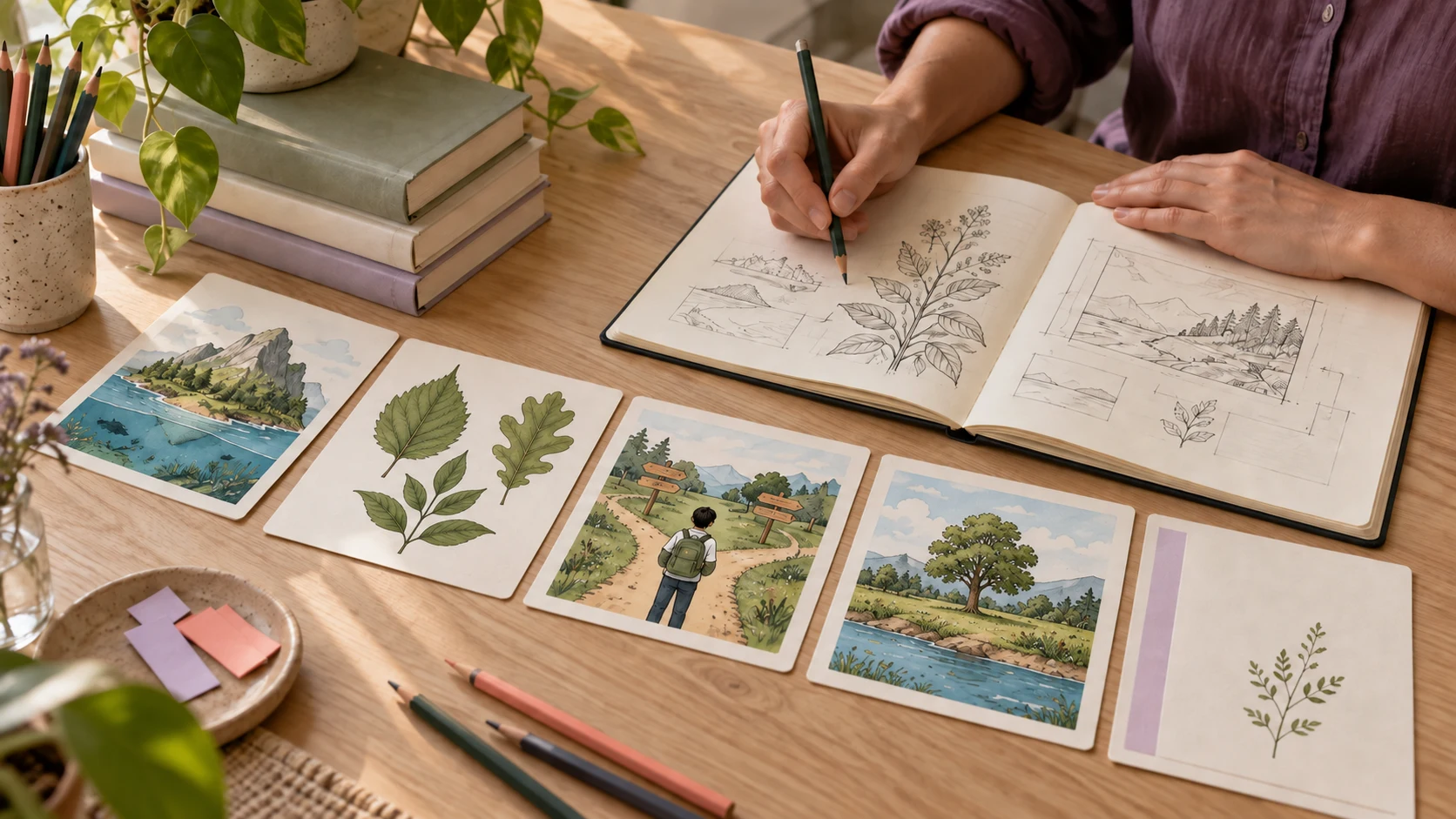 A fictional adult creator develops an illustrated learning storyboard beside botanical sketches, reference books, and a teacher-guide cover.
