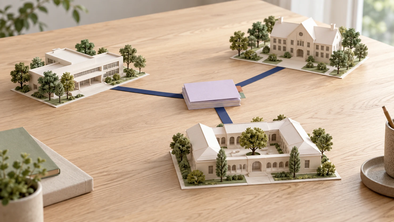 An illustrative model of three paper school buildings connected by ribbons and curriculum cards.