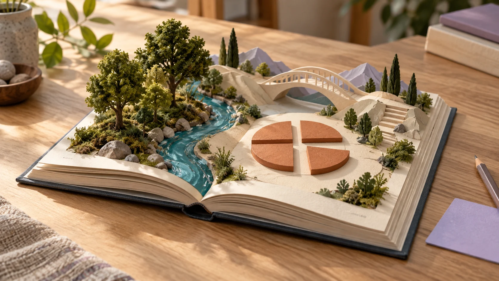 An open curriculum book becomes a tactile landscape of trees, a river, a paper bridge, and fraction pieces.
